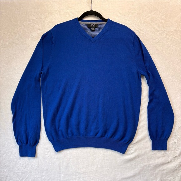 Foxcroft Sweater‎ Men Large Cobalt Blue Cotton Cashmere V-Neck Pullover Knit Top - Picture 1 of 8